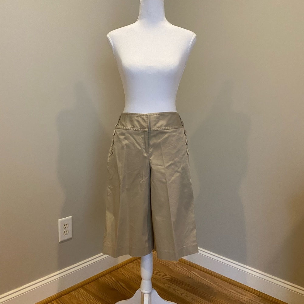 Khaki, Wide-Leg, Cropped Pants with Decorative Side Buttons